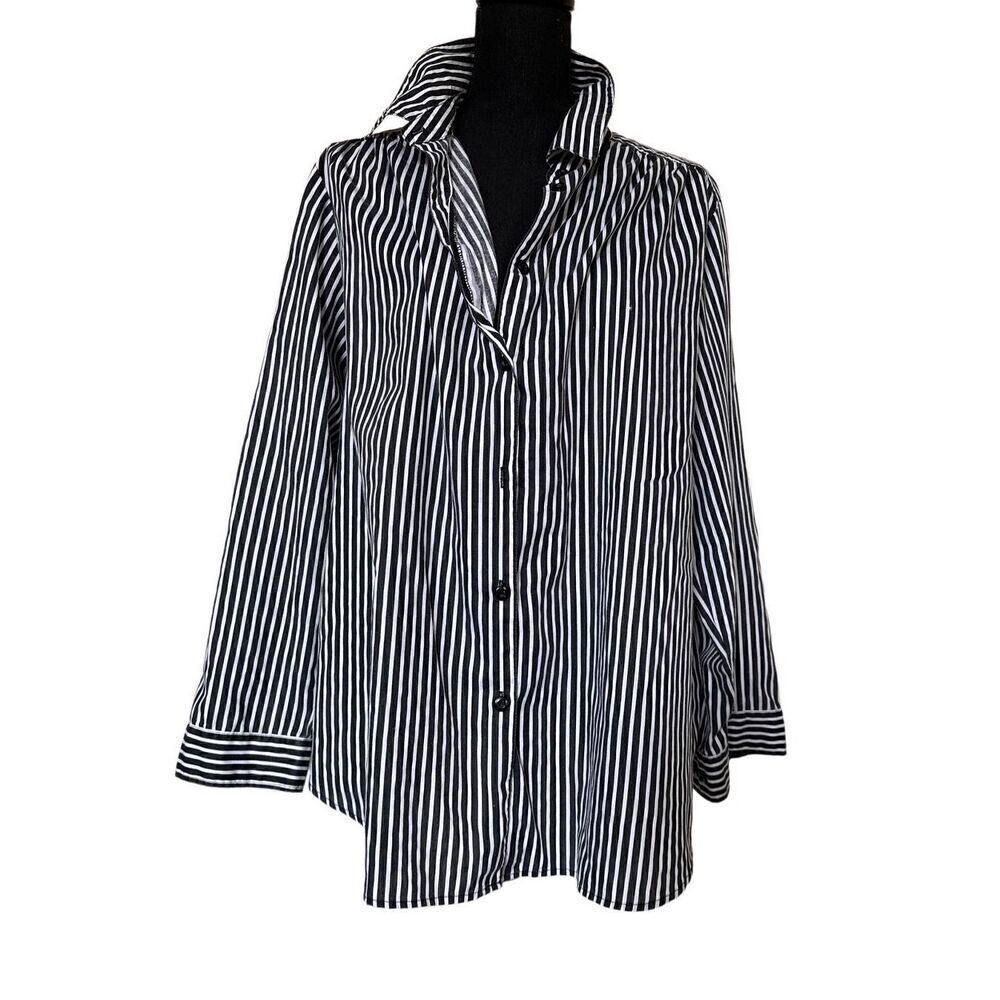 Roaman's Women's Button Down Blouse Striped Black White Long Sleeves Sz Large